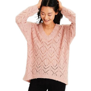 American Eagle 90s Oversized Pointelle Knit V-Neck Sweater L NWT Light Pink